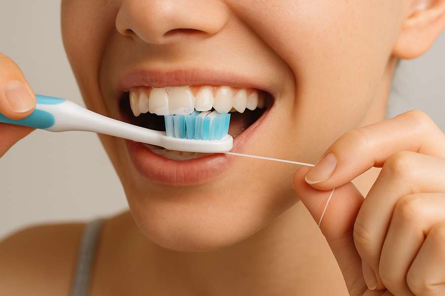 Woman brushing and flossing her teeth